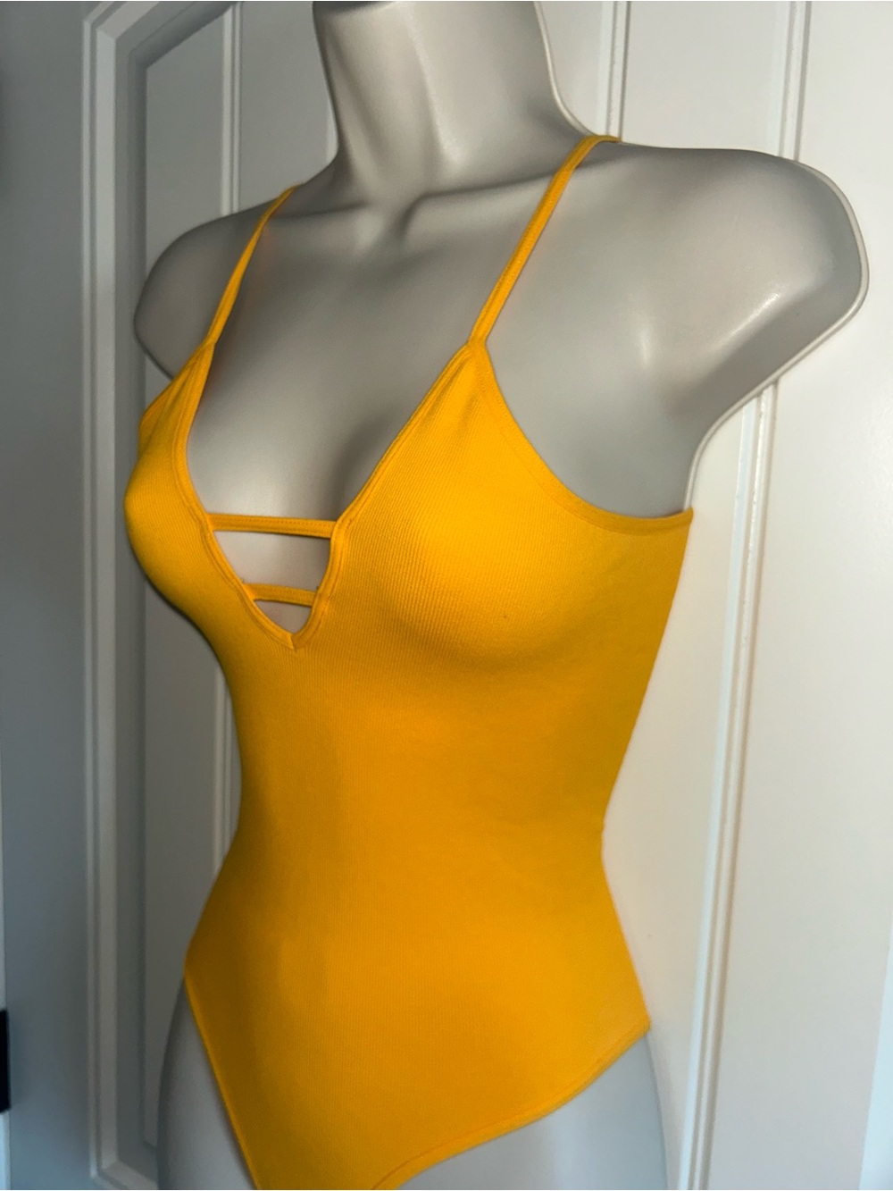 NEW FP Movement by Free People Golden Yellow Strappy V-Neck Bodysuit Sz XS - Picture 2 of 4
